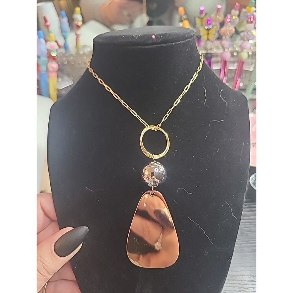 Elizabeth and James Long Pendant Necklace –Gold Tone Chain, Silver Ball Abstract
